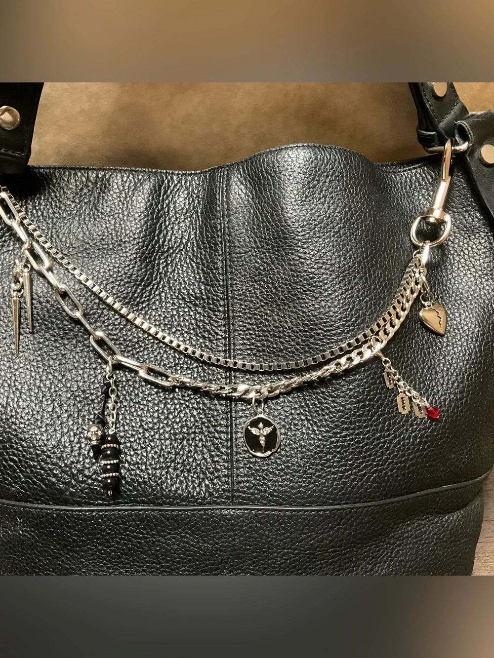 Treasure & Bond Black Leather Crossbody Hobo Slouchy Tote EMO Bag Chain charms